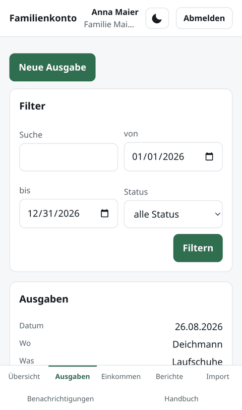 Die Liste „Meine Ausgaben" mit Datum, Ort, Betrag und Status je Eintrag.