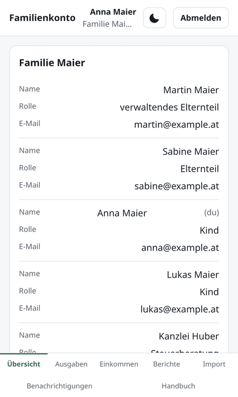 Die Startseite am Handy: Anna hat 19,90 € offen und eine Ausgabe wartet noch auf die Freigabe ihrer Eltern.